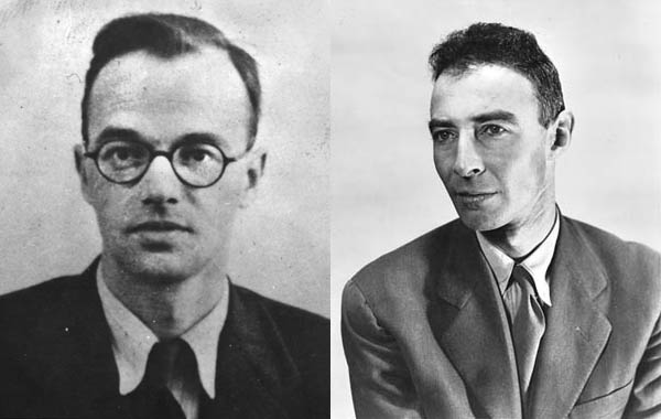 Communist spy Klaus Fuchs (left) gave A-bomb secrets to Soviet agents. Top scientist J. Robert Oppenheimer (right) headed the Manhattan Project despite his communist affiliations. 